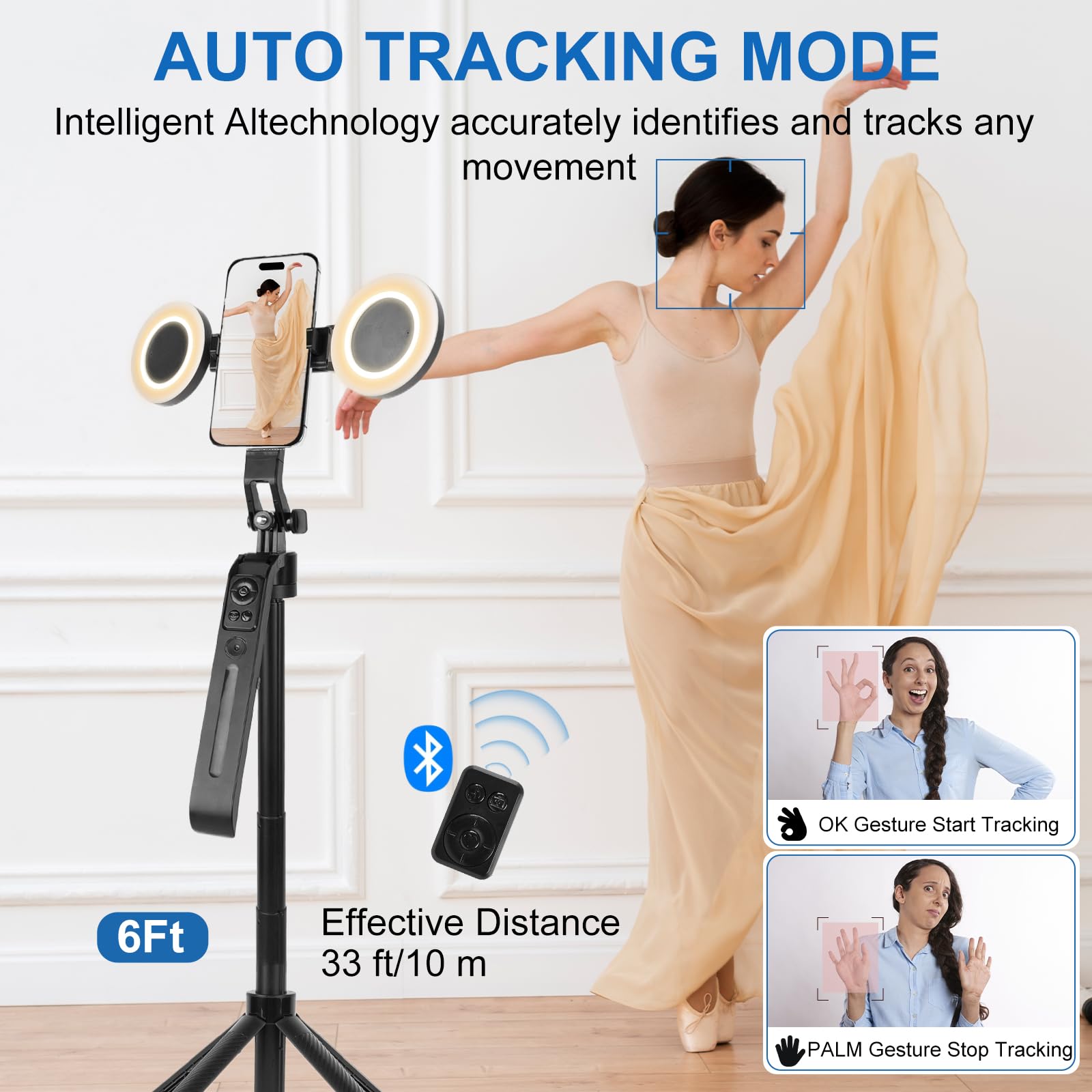 Auto Face Tracking Tripod For IPhone,70" Tall Travel Phone Tripod Remote Gesture Control Selfie Stick Video Recording Tiktok Live Streaming Content Creato - View #7