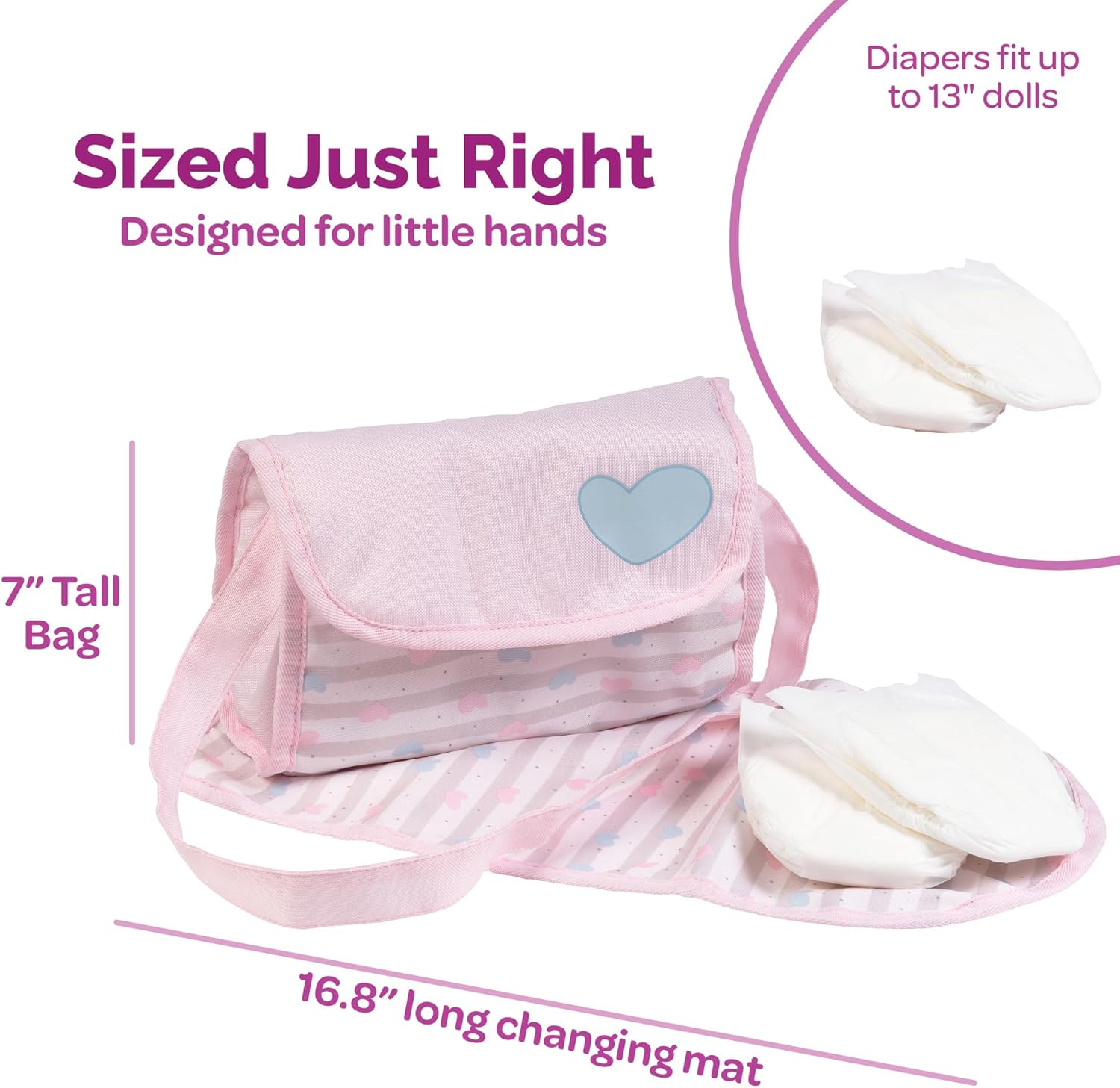 Adora Baby Doll Diaper Bag with Sturdy Straps, Includes Changing Mat and 2 Doll Diapers (Fits 13" Dolls), Birthday Gift For Ages 3+ - Classic Pastel Pink
