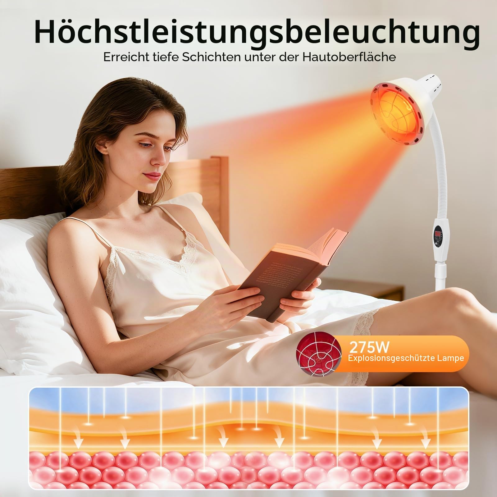 MINRS 275W Rotlichtlampe Wärmelampe Infrarotlampe mit Timer, 360° schwenkbar mit 5 Allrichtungsrollen, temperatur einstellbar von 8 bis 70°C für Wärmetherapie