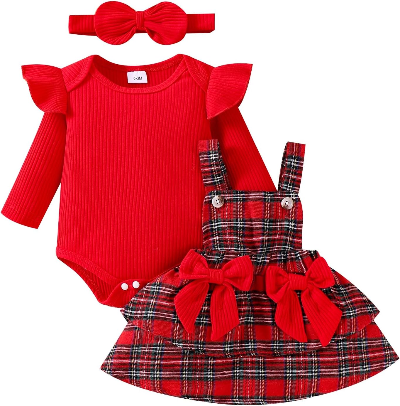 FOCUTEBB Baby Girl Clothes Fall Winter Outfit Long Sleeve Ruffle Romper Plaid Skirt Bow Headband 3 Pcs Set 0-18 Months