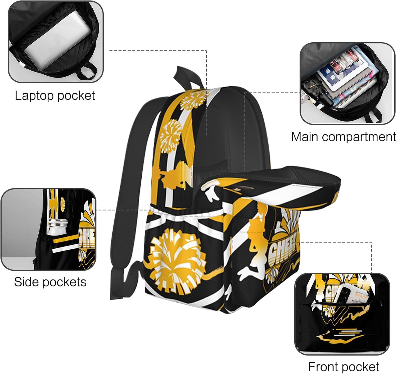 Personalized Cheer Backpack Gold Custom Cheerleader Backpack with Name Customize Large Travel Bag Causual Shoulder Bag Sports Leisure Backpack for Women Men Birthday Holiday Gift Style 5