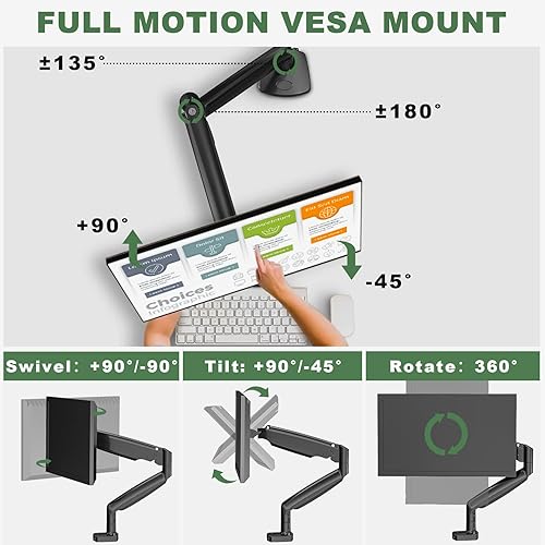 Miniatura 3 de UPGRAVITY Soporte de escritorio para monitor, soporte de monitor único para pantallas planascurvas ultra anchas de 13 a 34 pulgadas, brazo de