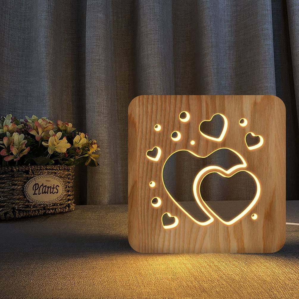 Lampe de Table LED Creative 3D En Bois Lampe de Bureau avec USB Power Cartton Veilleuse Maison Chambre Décor Lampe, Saint Valentin