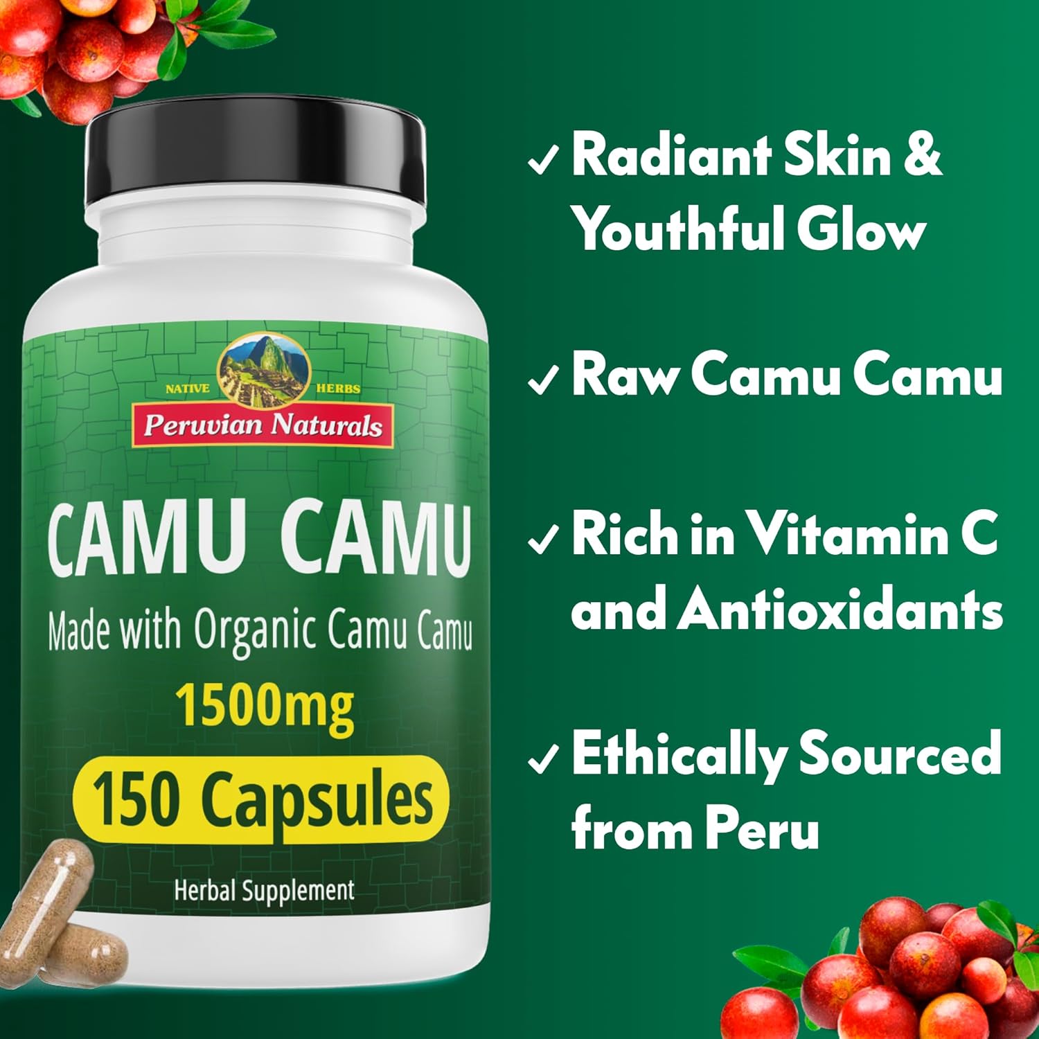 Peruvian Naturals Organic Vitamin C from Camu Camu Capsules 1,500mg - 150 Vegan Pills, Natural Vitamin C from Whole Food Camu Berry Organic, Non-GMO - Image 3