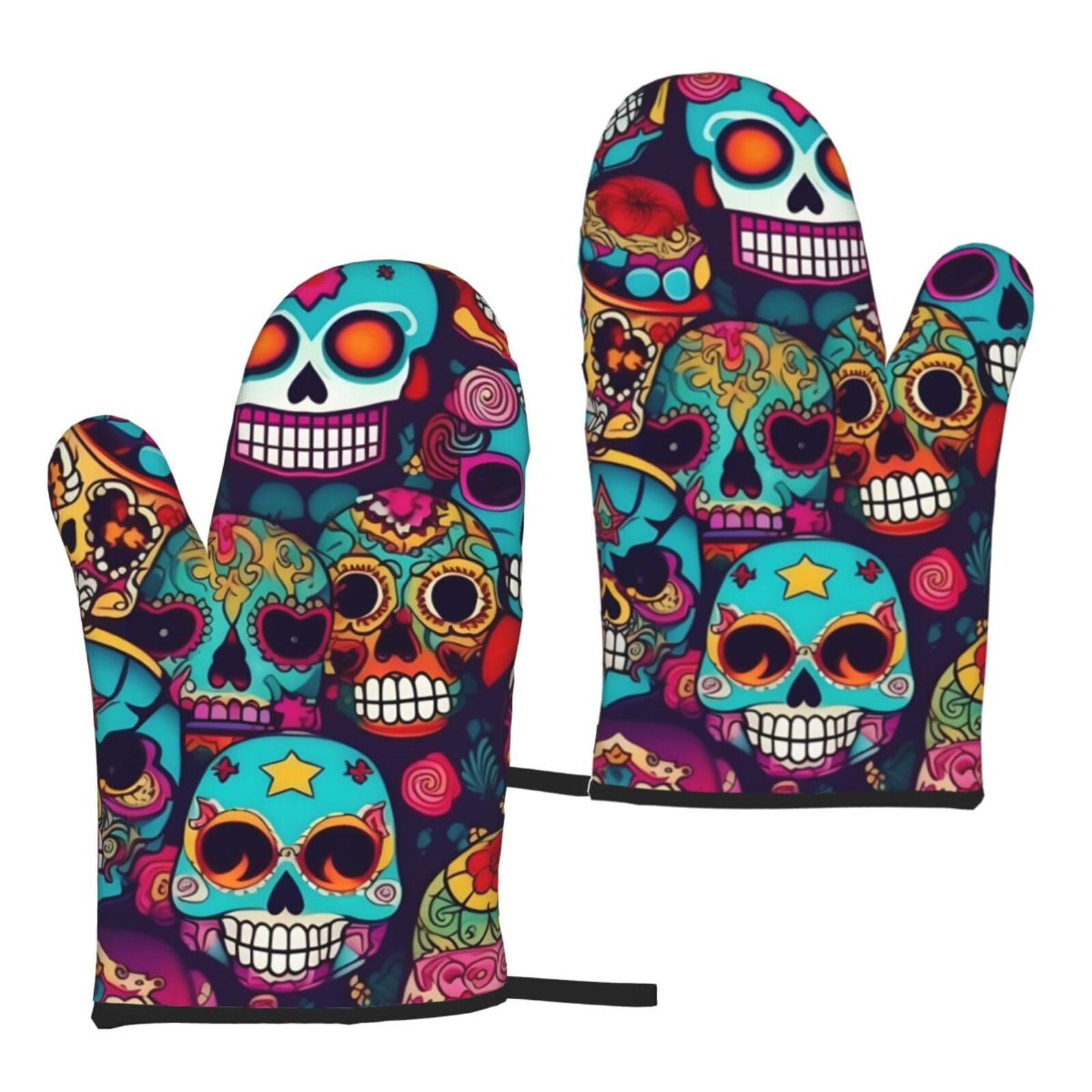 Sugar Skulls Print Heat Resistant Universal Fit Oven Microwave Gloves Home Cooking Baking Grilling