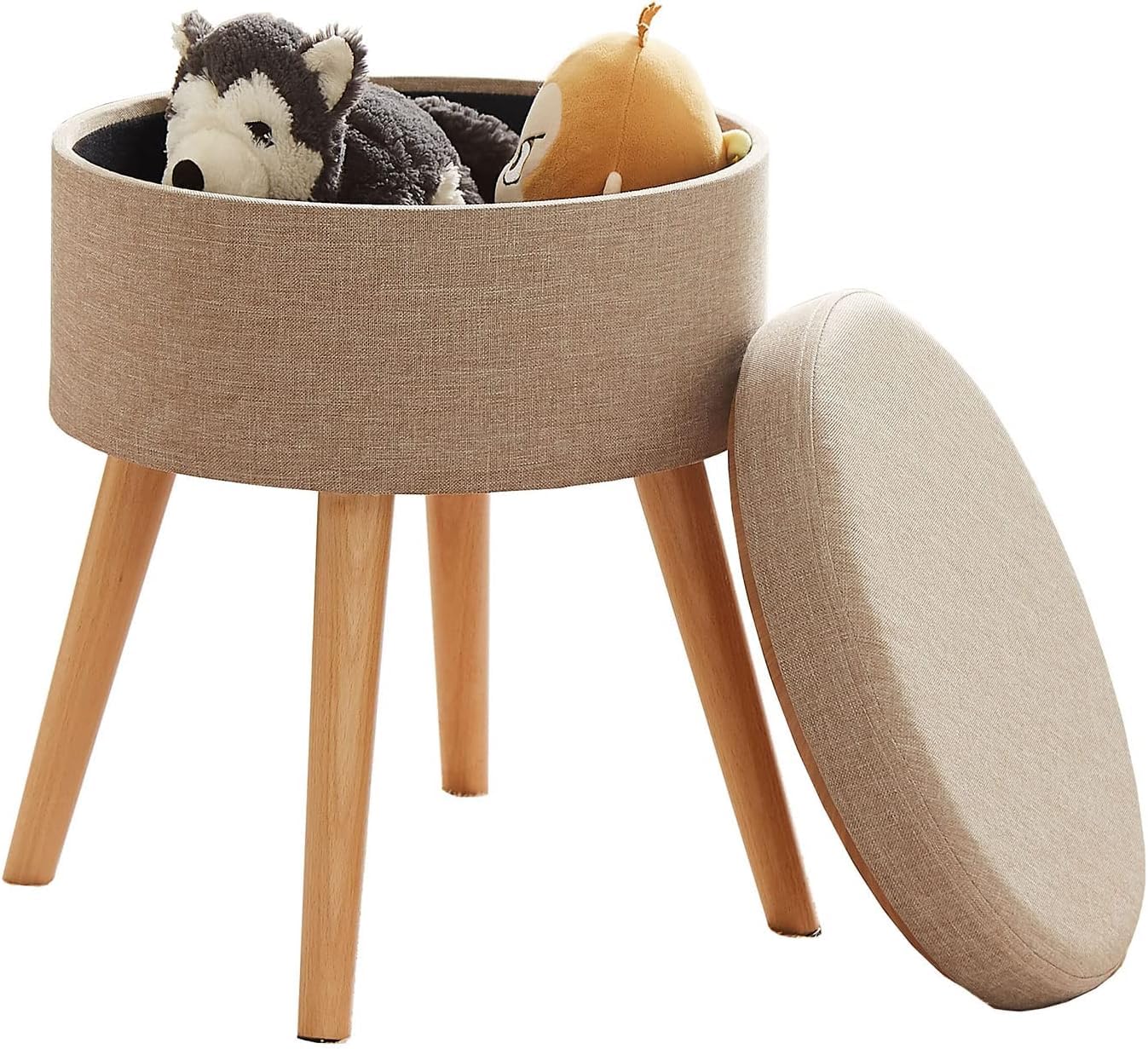 Madera Nieve Stool with Storage Box, Ottoman Chair, Upholstered Solid Wood Linen Seat (Beige)