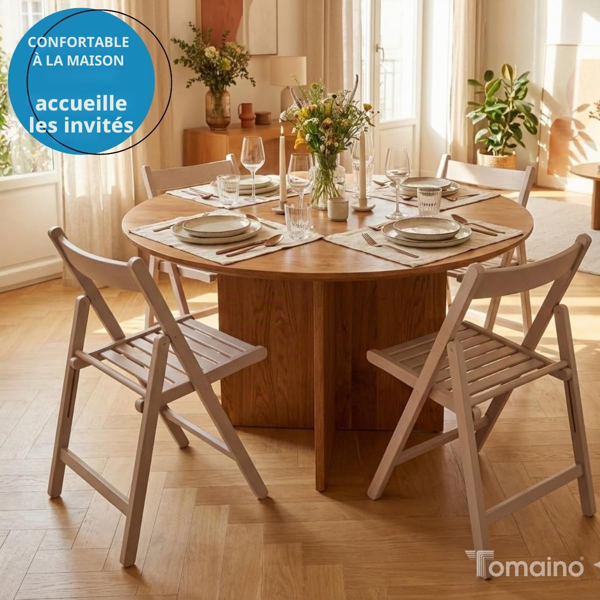 Tomaino - Lot de 4 chaises pliantes de camping en bois - Pour intérieur et extérieur - Peu encombrant, idéal pour cuisine, jardin, balcon (naturel)