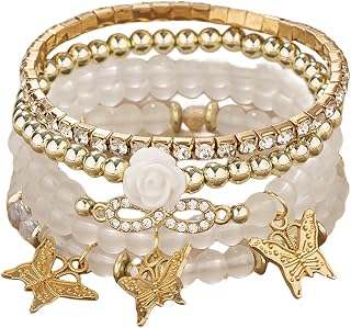 Beaded Bracelets for Women Colorful Stackable Bracelets Multilayer Rhinestone Tennis Bracelet Boho Flower Bracelet Butterfly Charm Dainty Bracelet