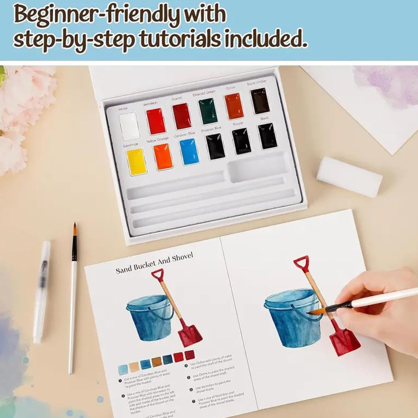 Aquarellfarben Set für Anfänger 12 Farben mit Pinsel Tierbuch | Lernen Sie Aquarell mit Tierillustrationen. Tragbare Reisedose, für Kunstunterricht, Heimpraxis, ideal für Kreativität