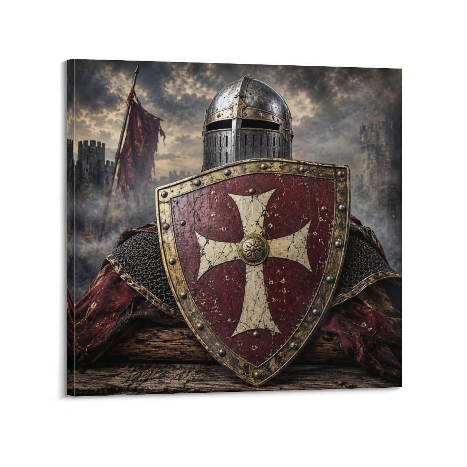 XKUGA Vintage Hospitaller Knight Shield Poster Brass Kite Armor Modern Decorative Canvas Prints - Ideal Wall Art for Family, Man Cave, Game Room, Boys & Girls Bedroom 16x16inch(40x40cm)