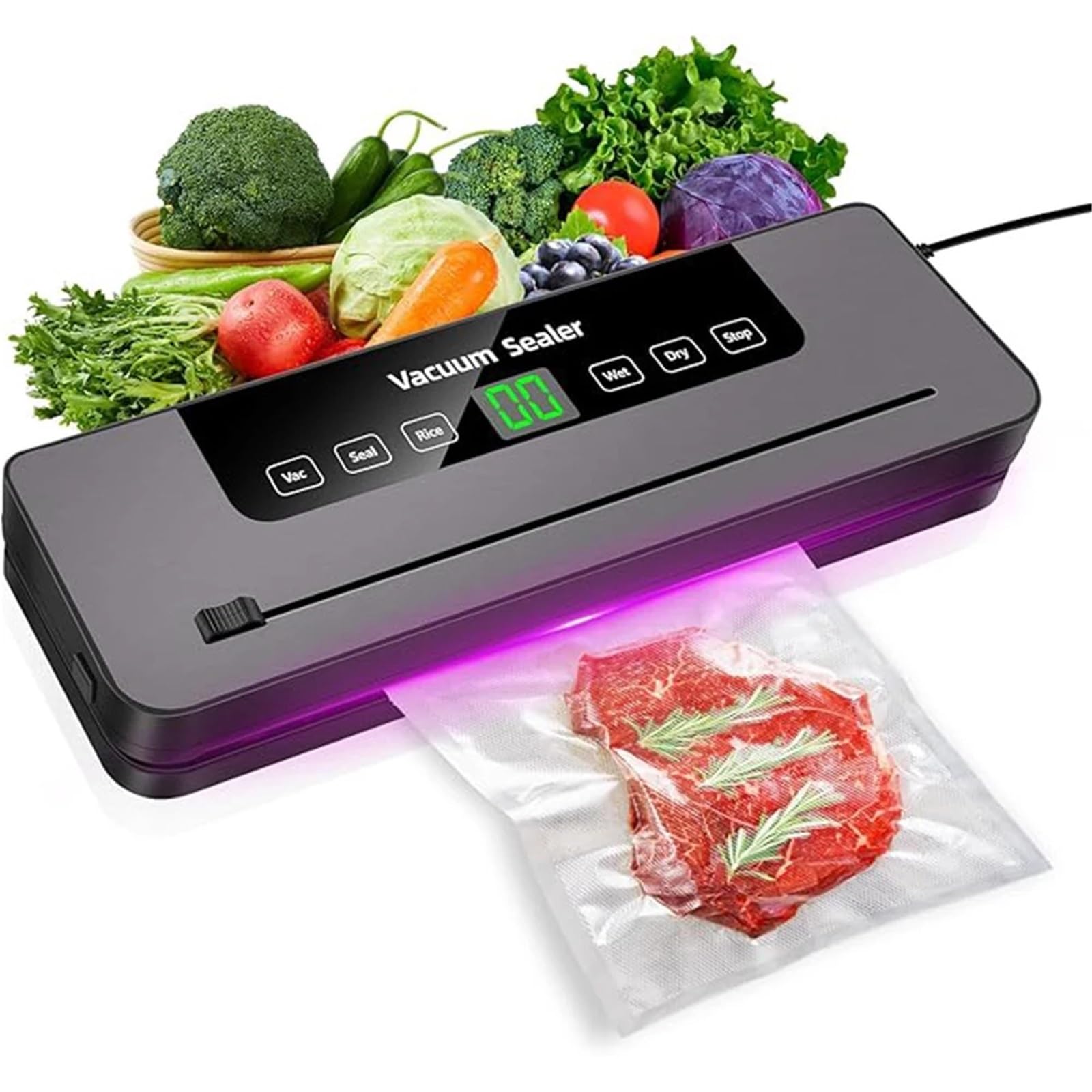 Selladora al vacío, Sellador Al Vacío,Alimentos Automático,5 Modos,con 10 Bolsillos De Sellado Y Cortador Incorporado-para Húmedo Seco,para conservar carne, pescado, frutas y verduras