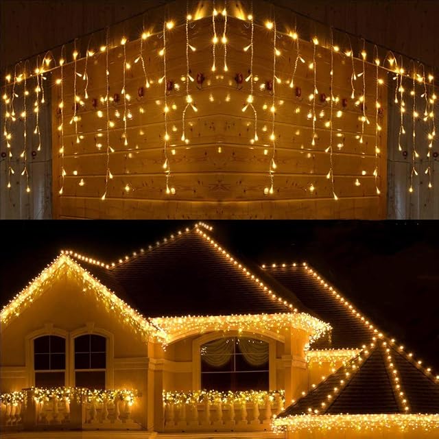 BrizLabs Icicle Lights, 63.15ft 480 LED Warm White Outdoor Christmas Lights 8 Modes Waterproof Memory Mains Powered String Lights for Indoor Xmas Wedding Garden Party Decorations, White Cable