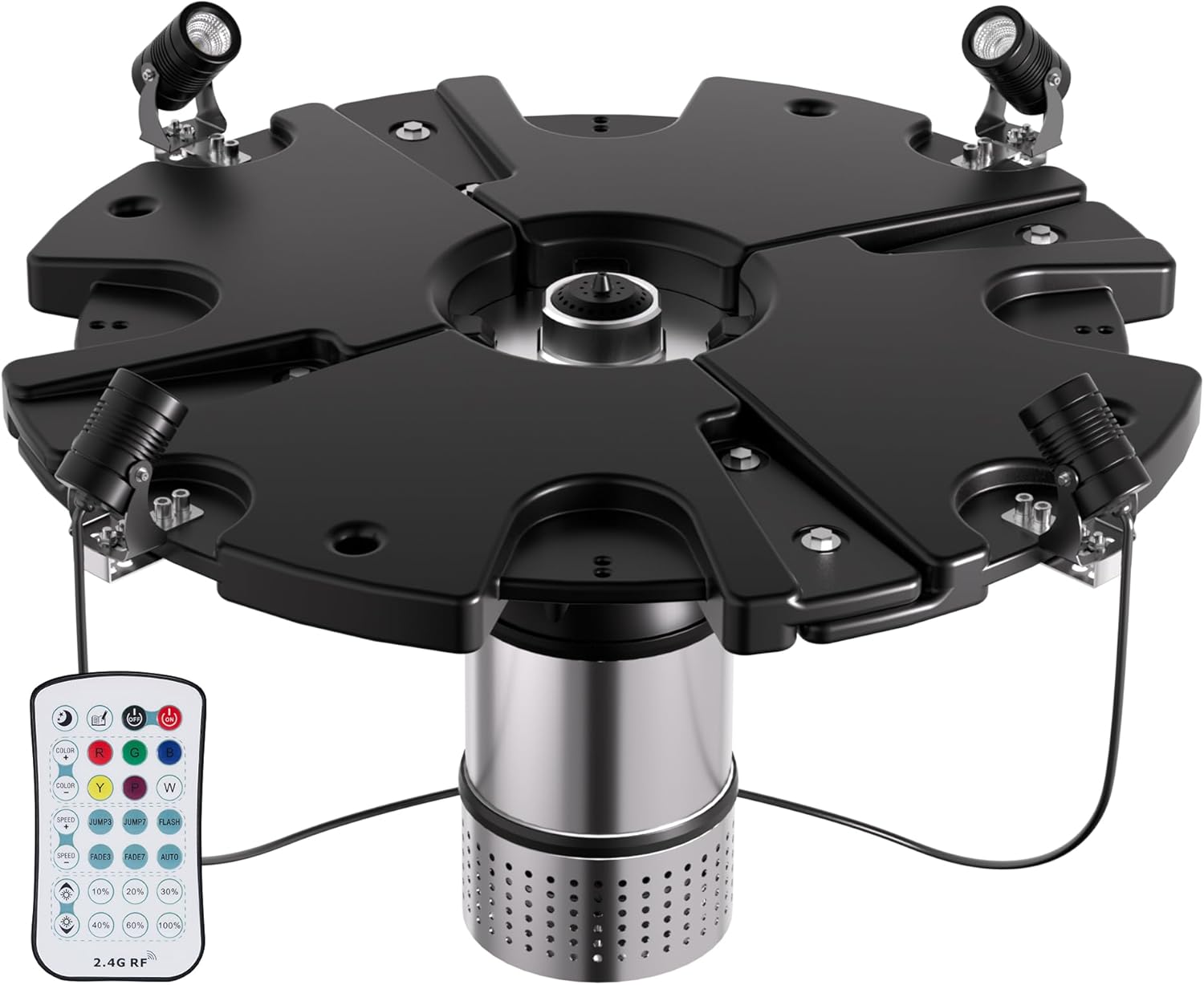 HQUA FS01 120V, 1/2HP, Large Pond Floating Fountain with FSL01 LED RGB Color-Changing Light Sets, 100’ Cord, 13000 GPH, Two Spray Patterns 32'x12' and 18'x6'