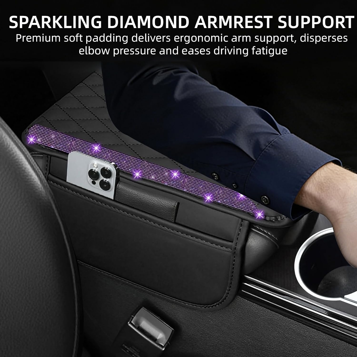 NBTEPEM Bling Car Center Console Armrest Cover, Microfiber Leather and Diamond Middle Console Cover with 2 Storage Bags, Bling Accessories Interior for Most Vehicles (Purple Diamond) image 4