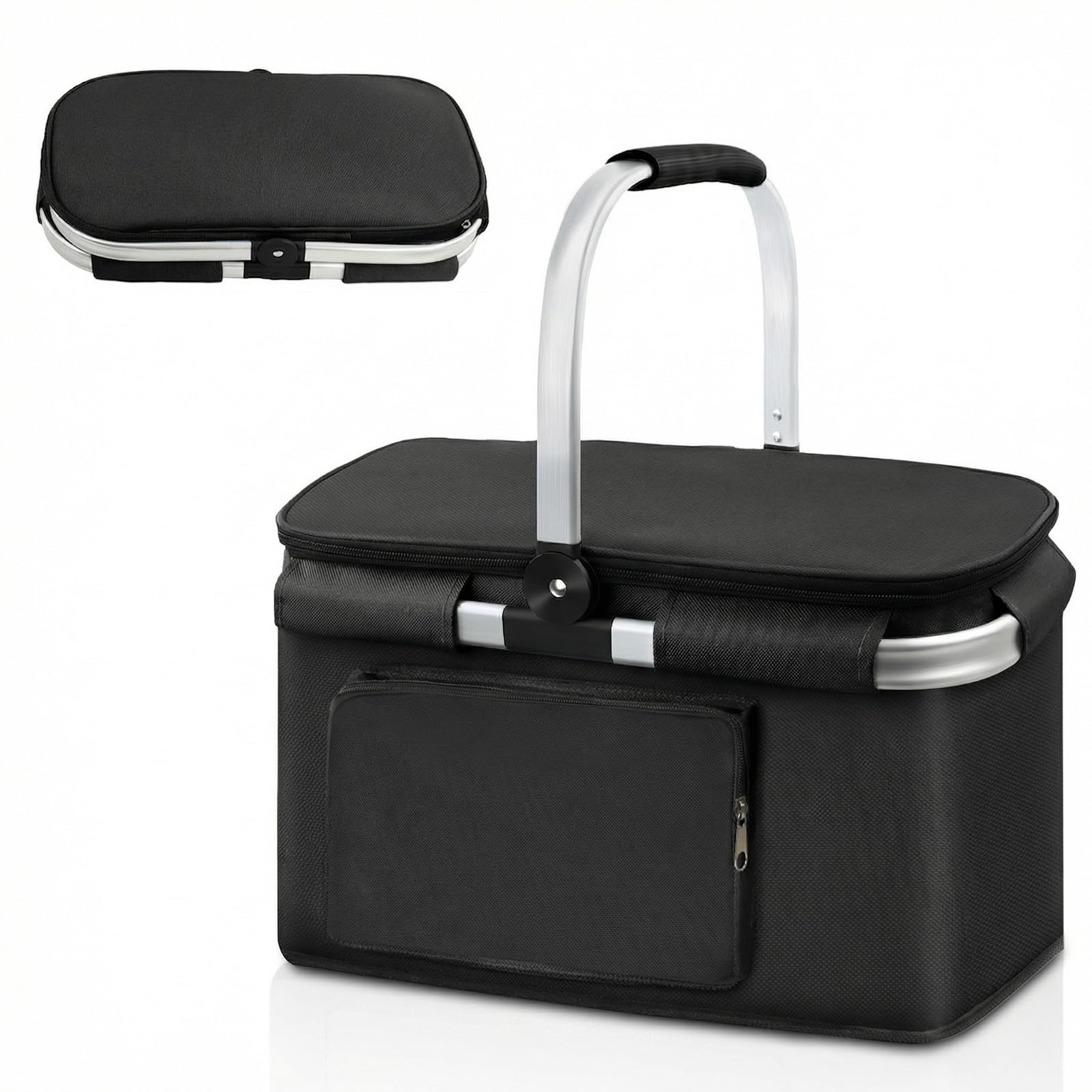 Panier à Provisions Pliable 25L, Sac Pique Nique Isotherme avec Poignée Aluminium, Grand Panier Isotherme Pliable, Sac Isotherme, Idéal pour Courses, Pique-Nique, Camping, Voyage