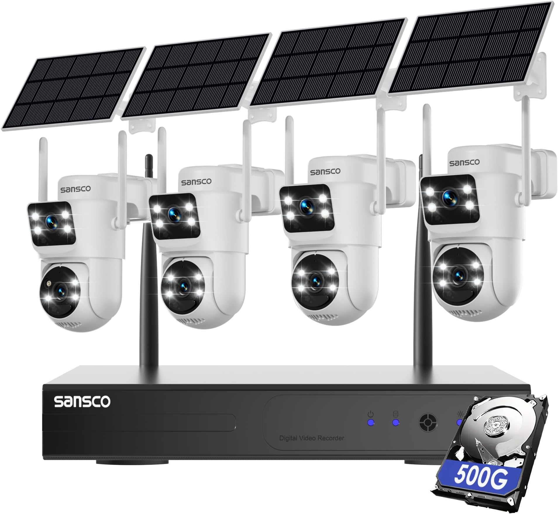 SANSCCO 4MP Dual Lens Solar Camera Wireless Outdoor, CCTV Security Camera System 10CH NVR 500GB Hard Drive, 4x PTZ Battery Powered Camera, 360° View, Human Detection, Colour Night Vision, 2-Way Audio