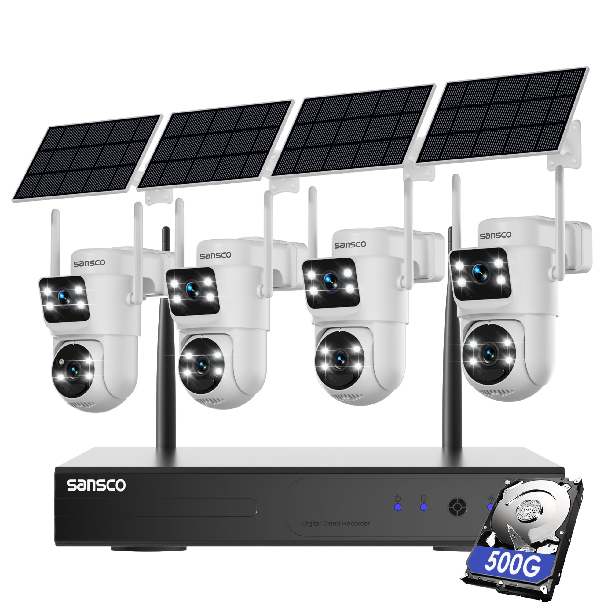 SANSCCO 4MP Dual Lens Solar Camera Wireless Outdoor, CCTV Security Camera System 10CH NVR 500GB Hard Drive, 4x PTZ Battery Powered Camera, 360° View, Human Detection, Colour Night Vision, 2-Way Audio