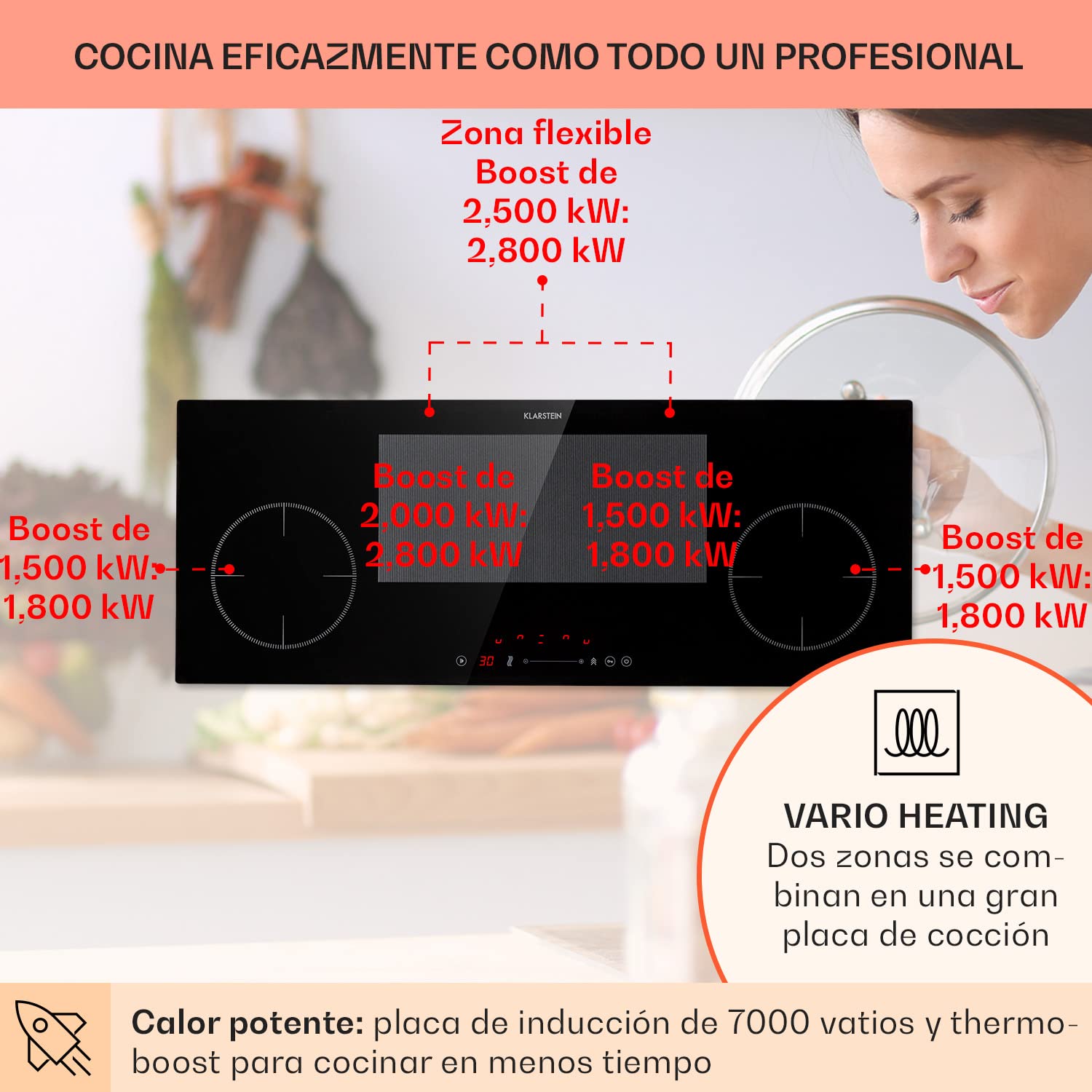 Klarstein Placa Induccion Eléctrica 7000W, Vitrocerámica de 4 Fuegos, Placas de Cocción de Sobremesa, Control Táctil, para Cocinar — view 3