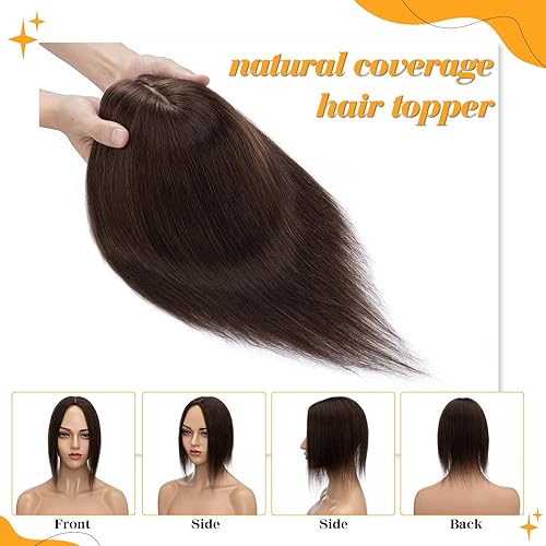 Miniatura 4 de S-noilite Toppers para el cabello humano real, sin flequillo, 10 pulgadas, base de seda marrón oscuro #2 con clip para mujeres con cabello delgado,