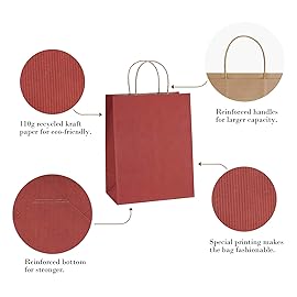 BagDream Gift Bags 8x4.25x10.5 100Pcs Kraft Paper Bags with Handles Bulk, for Shopping, Retail, Merchandise, Gifts, Party Favor, Recycled Red Paper Sacks