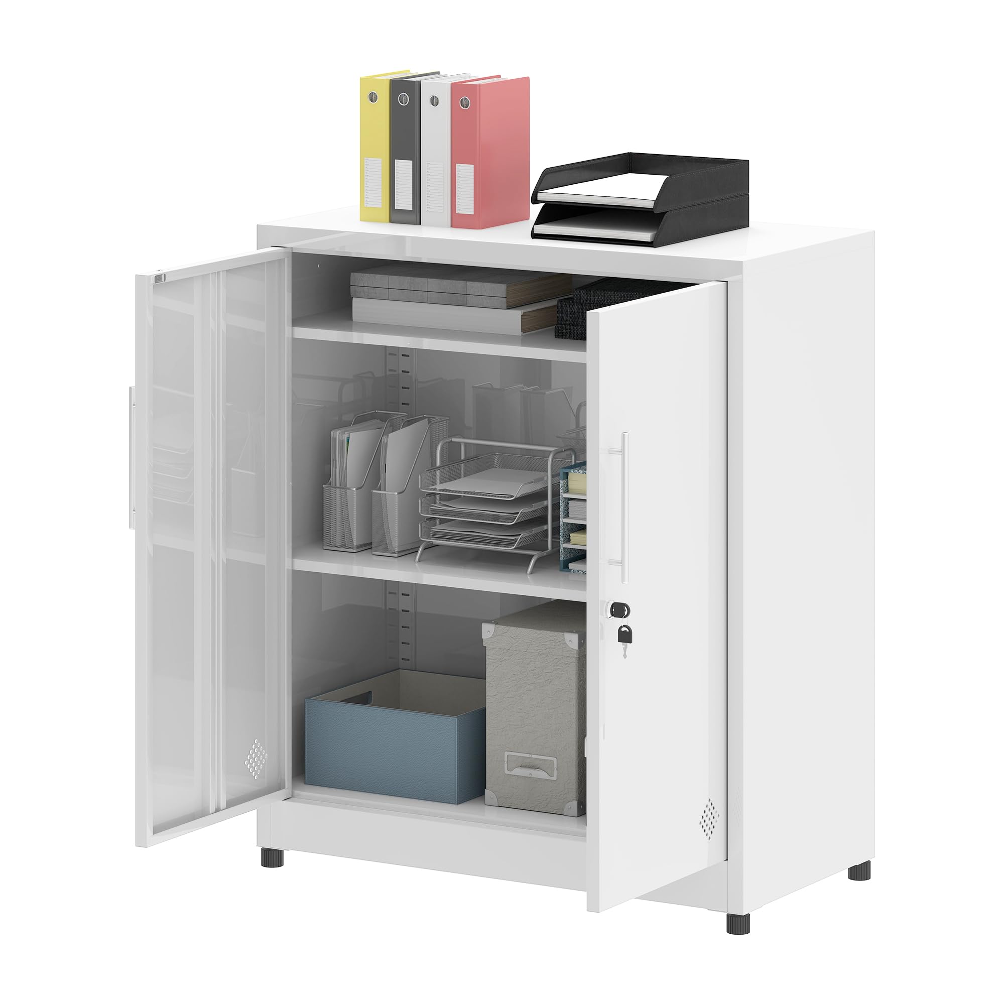 DWVO 2-Door Metal Storage Cabinet, Lockable Filing Cabinets with Adjustable Shelves and 2 Keys, Vertical File Cabinet, Storage Cupboard for Office, Bathroom, or Home, White