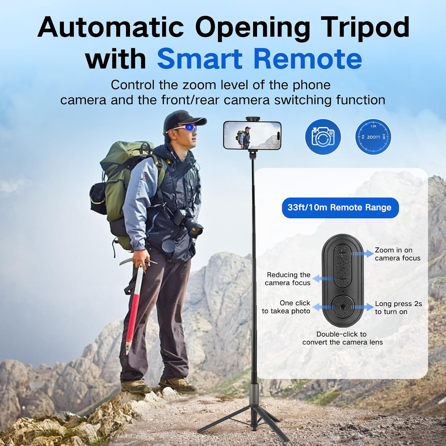62 inch Selfie Stick Tripod for iPhone, Auto-Open Phone Tripod Stand with Magnetic Smart Remote Support Cell Phone Zoom in/Out,Front/Rear Camera Switch,Travel Selfie Stick for iPhone/Android