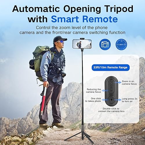 Miniatura 2 de Palo selfie trípode de 62 pulgadas para iPhone, soporte de trípode para teléfono con apertura automática, soporte magnético remoto inteligente