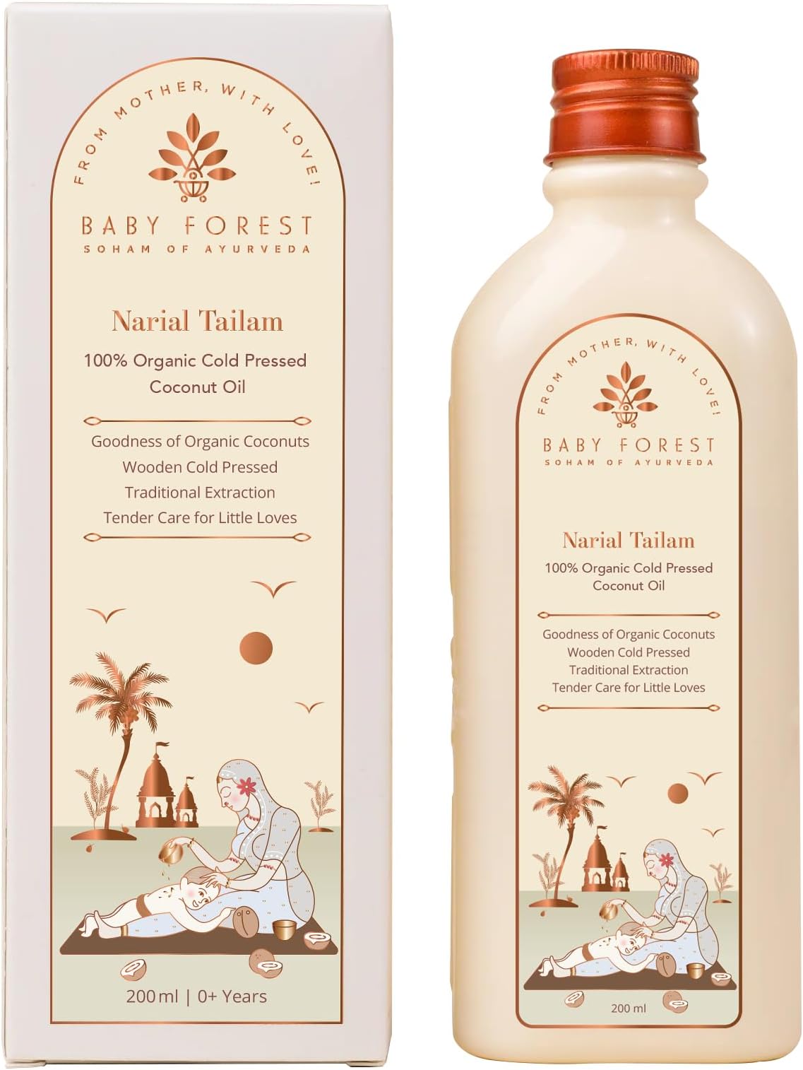 Baby Forest Narial Tailam Organic Cold Pressed Coconut Oil for Baby Skin & Hair Care | 100% Natural & Ayurvedic | Derma Safe & Cruelty-Free | Coconut Oil for Newborn Massage | 200ml Pack of 1