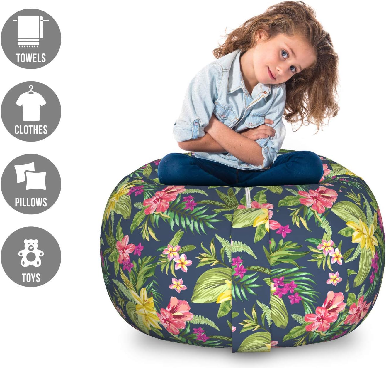 Ambesonne Luau Storage Toy Bag Chair, Blooming Jungle Setting with Watercolor Effect Hawaiian Flowers, Stuffed Animal Organizer Washable Bag, Large Size, Multicolor