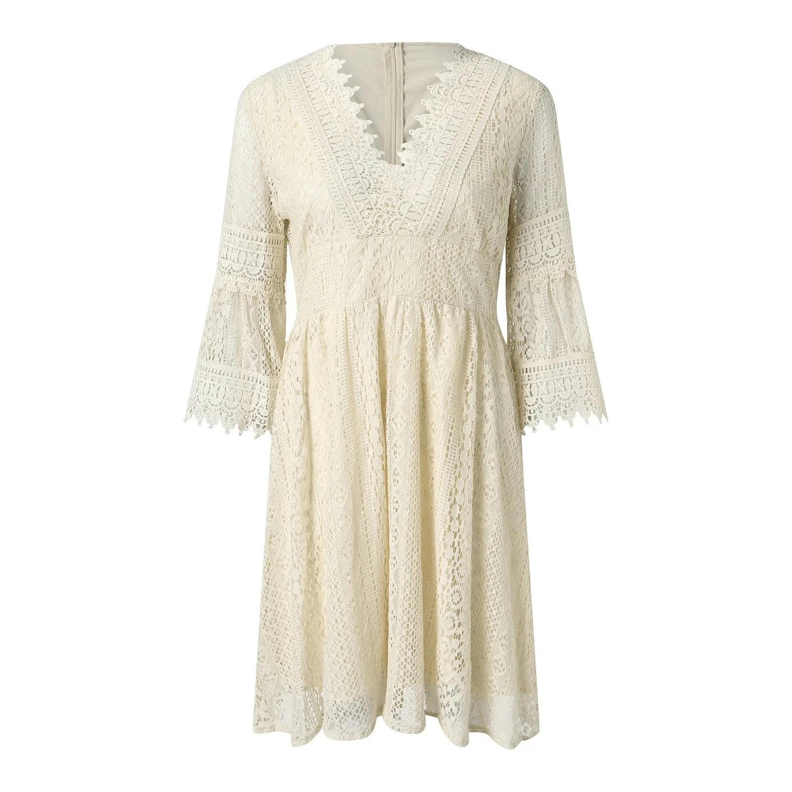 TEidea Sukienki damskie Biała koronkowa sukienka, dekolt w serek Hollow Lace Wave Sleeve Style, białe sukienki, retro styl plażowy