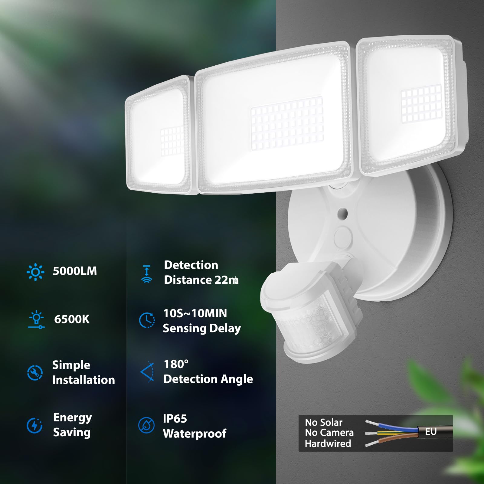 Onforu 55W Foco de Seguridad con Sensor de Movimiento, 3 Cabezas 5000 LM Foco Exterior LED, IP65 Impermeable Proyector Foco LED con Detector, 6500 K Blanco Frío para Jardín, Patio, Garaje, Entrada