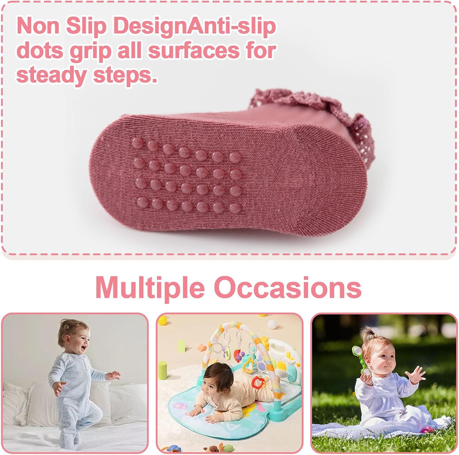 Looching 8 Pack Baby Girls Anti Slip Socks Toddler Frilly Ruffle Grip Ankle Cotton Socks for Infant/Newborn/0-2T - Image 9