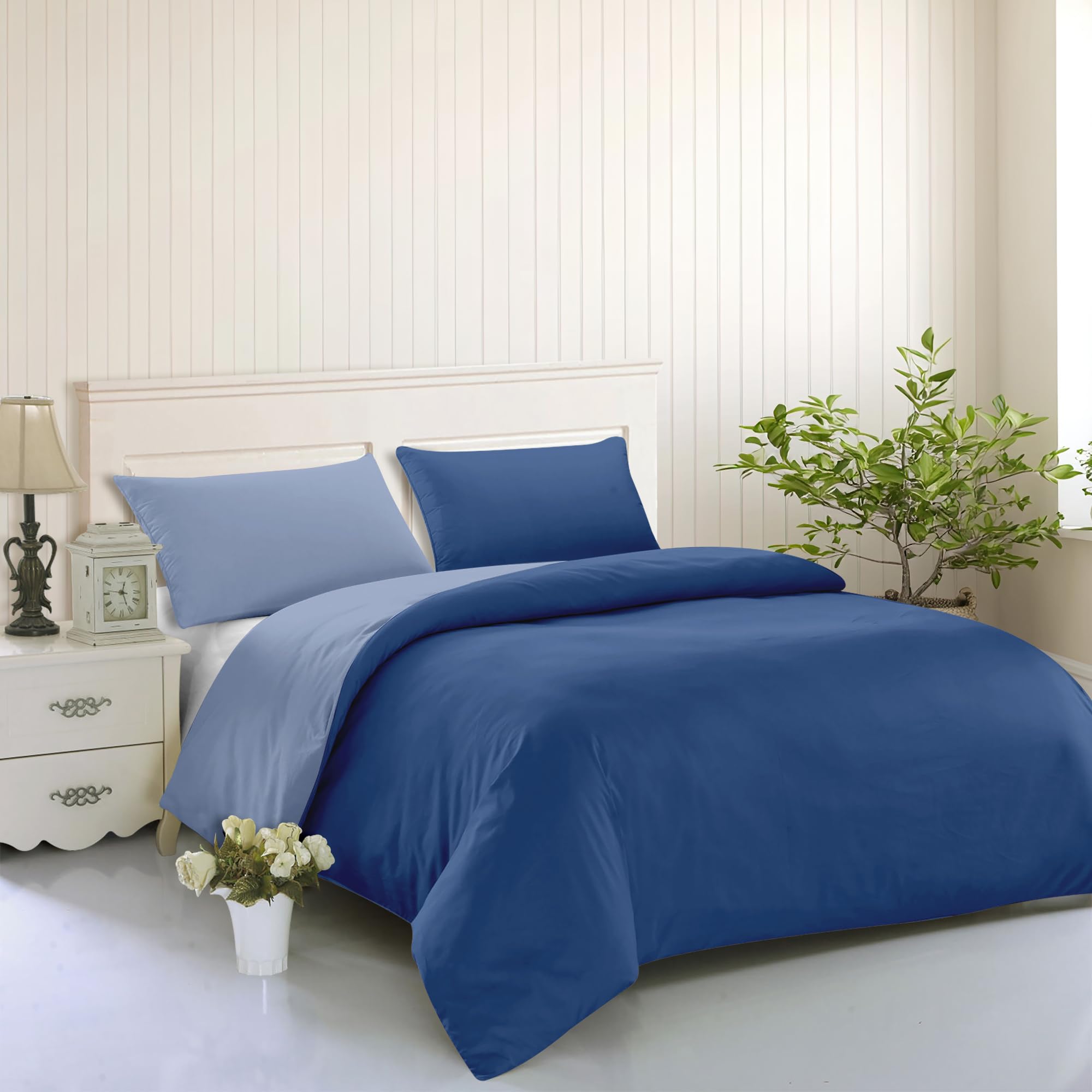 IlGruppone Set Copripiumino No Stiro Sacco e Federe Bicolore Effetto Raso Parure Microfibra Morbida Anallergica Mano Pesca - Azzurro/Blu - Matrimoniale