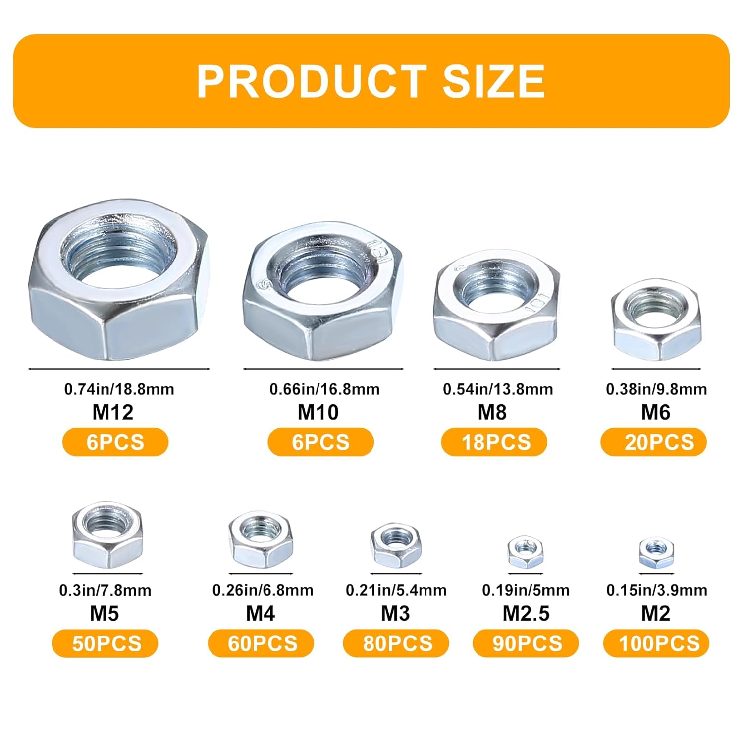 Metric Hex Nuts Assortment Kit, 430 Pcs Stainless Steel Hex Nuts Set, Hex Hardware Nuts, Coarse Thread Hexagon Nuts for Screw Bolts, M2 M2.5 M3 M4 M5 M6 M8 M10 M12