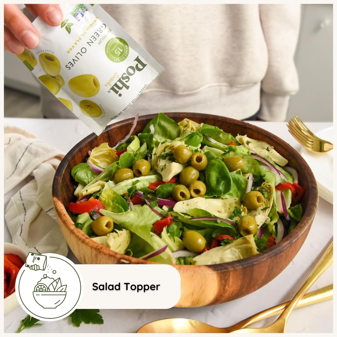 Poshi Green Olives On-The-Go - Original Flavor - Single Serve Pitted Olives - Convenient and Healthy Snack Packs - All Natural, Non-GMO, Kosher, Gluten-Free - 1.1 Oz Bags (30/Pack)