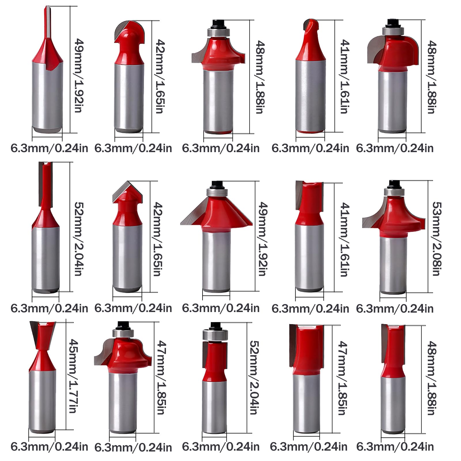 Set di 15 punte per fresa in carburo di tungsteno, con gambo da 6,35 mm per lavorazione del legno, scanalatura a V, taglio a filo, smussatura TS/XD-02
