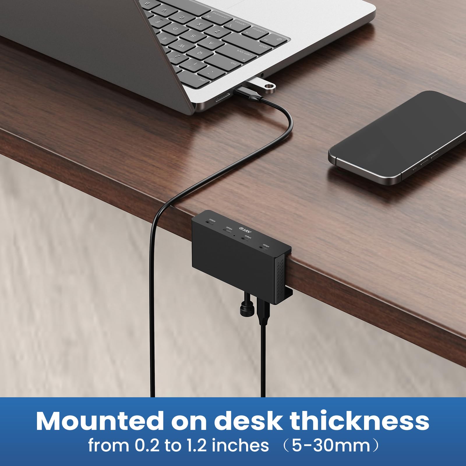 EJAY Hub USB C da 10 Gbps, 4 porte in alluminio USB 3.2, design a morsetto per scrivania/computer con porta di alimentazione extra e cavo dati lungo 119,4 cm e cavo di alimentazione da 99 cm