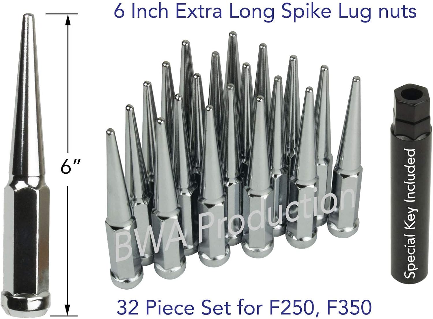 BWA 32 PCs Extra Long 6" Tall 14x1.5 Chrome Spike Lug Nuts with Key, Designed to Fit 1999-2019 Chevy Silverado 2500 3500,|1999-2019 GMC Sierra 2500 3500,|2012-2019 Ram 2500 3500