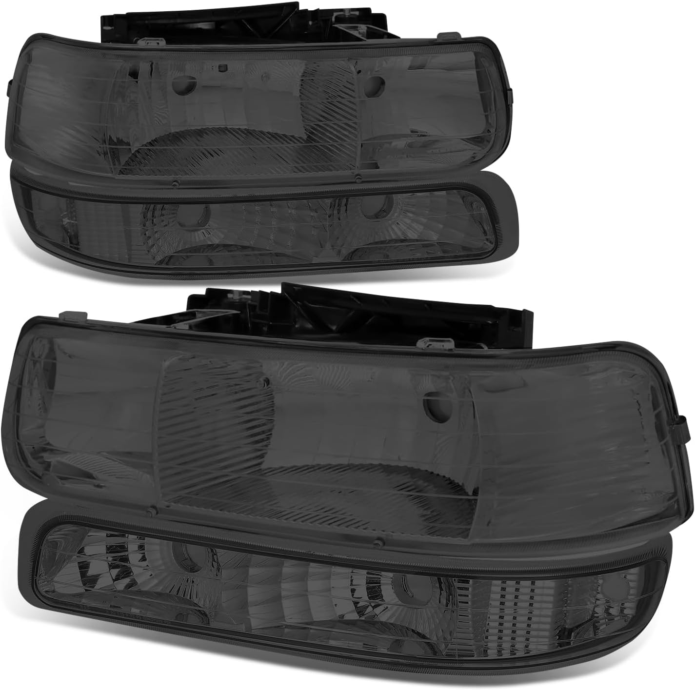 Auto Dynasty Headlights Assembly Compatible with 1999-2006 Chevy Silverado Suburban Tahoe 1500 2500 HD 3500, 4Pcs Halogen Headlamps Replacement w/Bumper Lamps, Smoked Lens Clear Corner