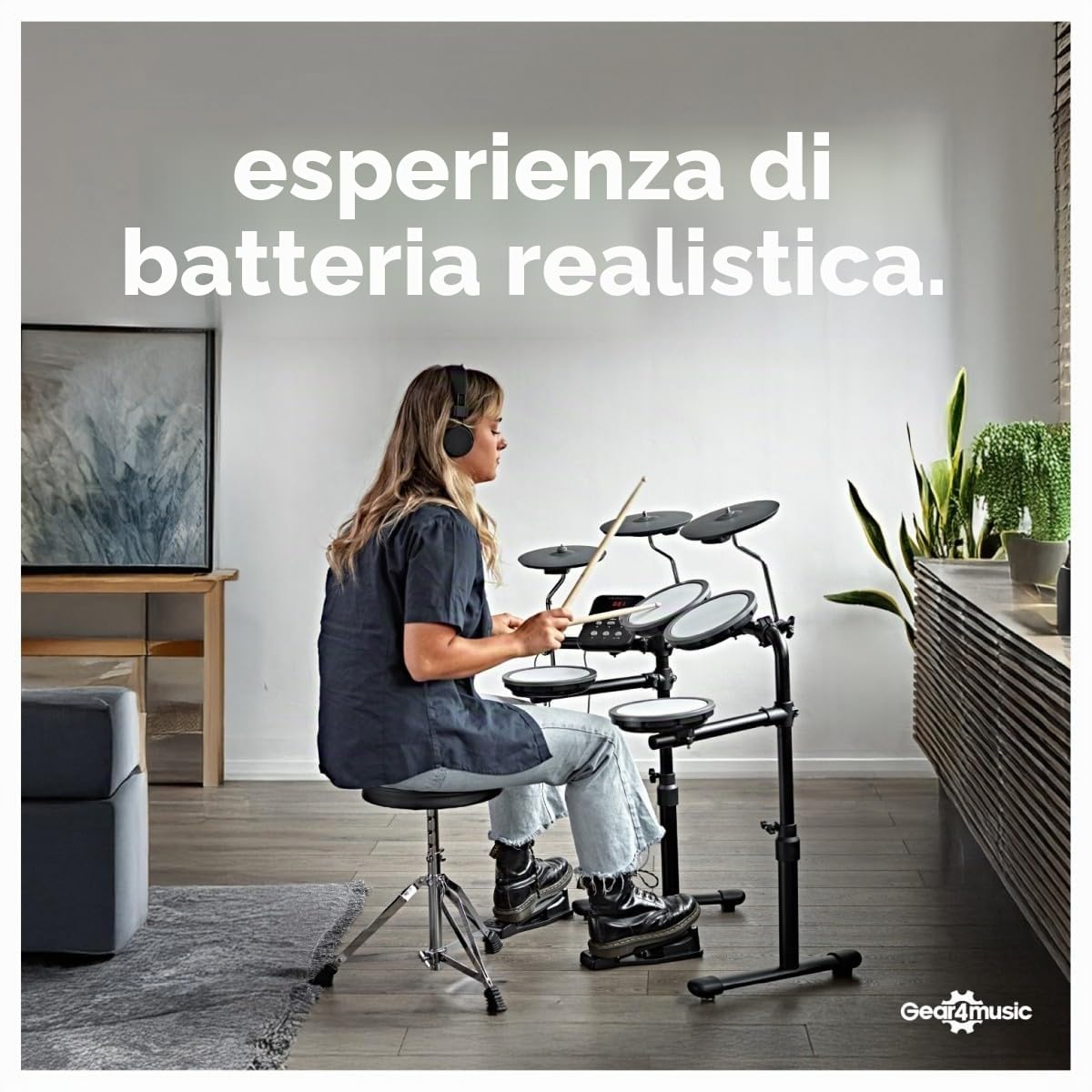 VISIONDRUM Batteria Elettronica Adulti e Bambini, 7 Pad in Mesh, Nero | Kit Batteria Elettrica, Altezza Regolabile, Design Pieghevole, Cuffie, Sgabello e Bacchette Inclusi