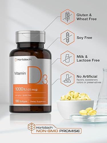 Miniatura 5 de Horbäach Vitamina D3 1000IU (25mcg) cápsulas blandas  180 unidades  Fórmula de alta potencia  Suplemento sin OMG y sin gluten