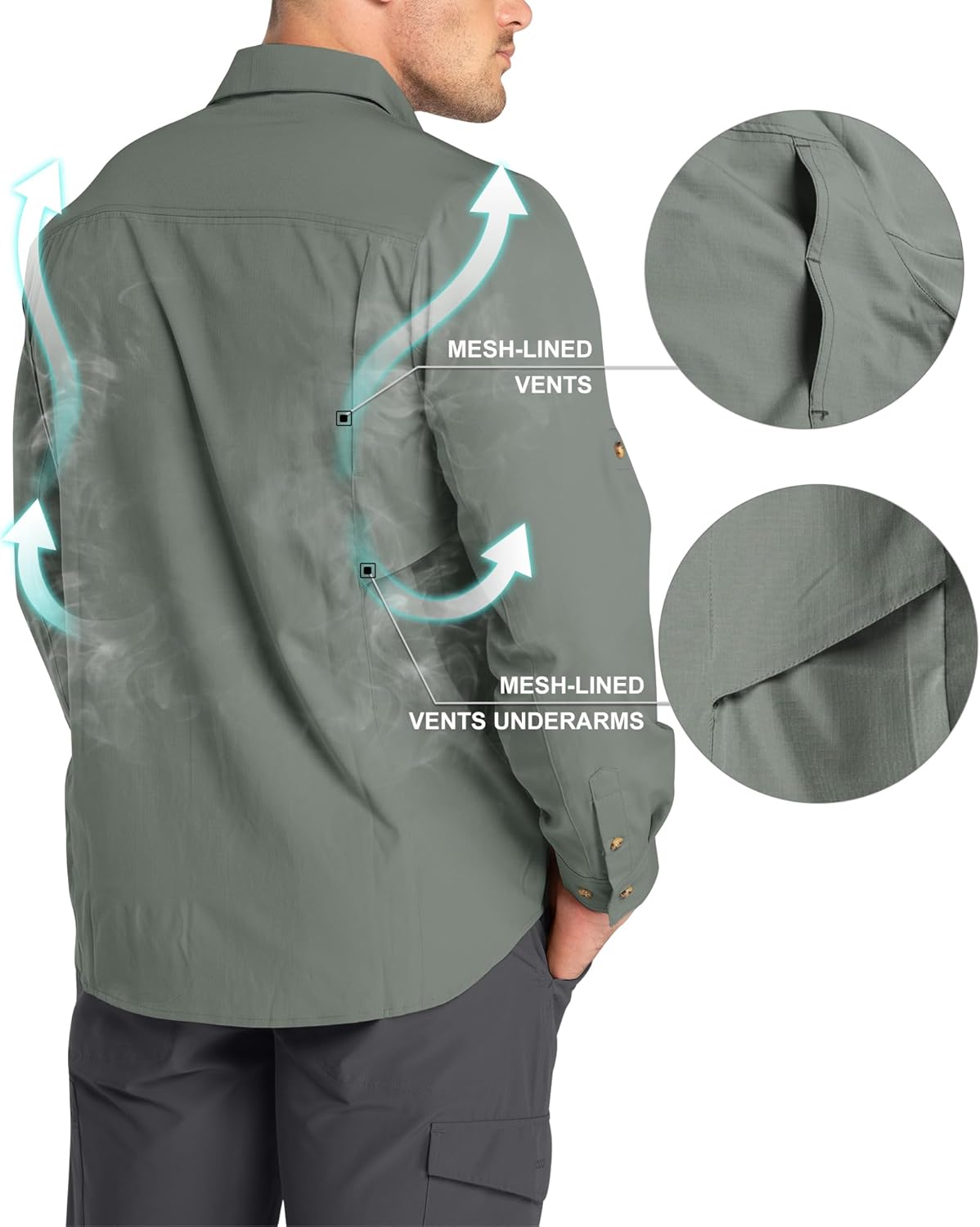 33,000ft Men's Long Sleeve Hiking Shirts Lightweight Quick Dry Sun Protection UV UPF 50 Fishing Shirt Outdoor Safari Travel - Image 3