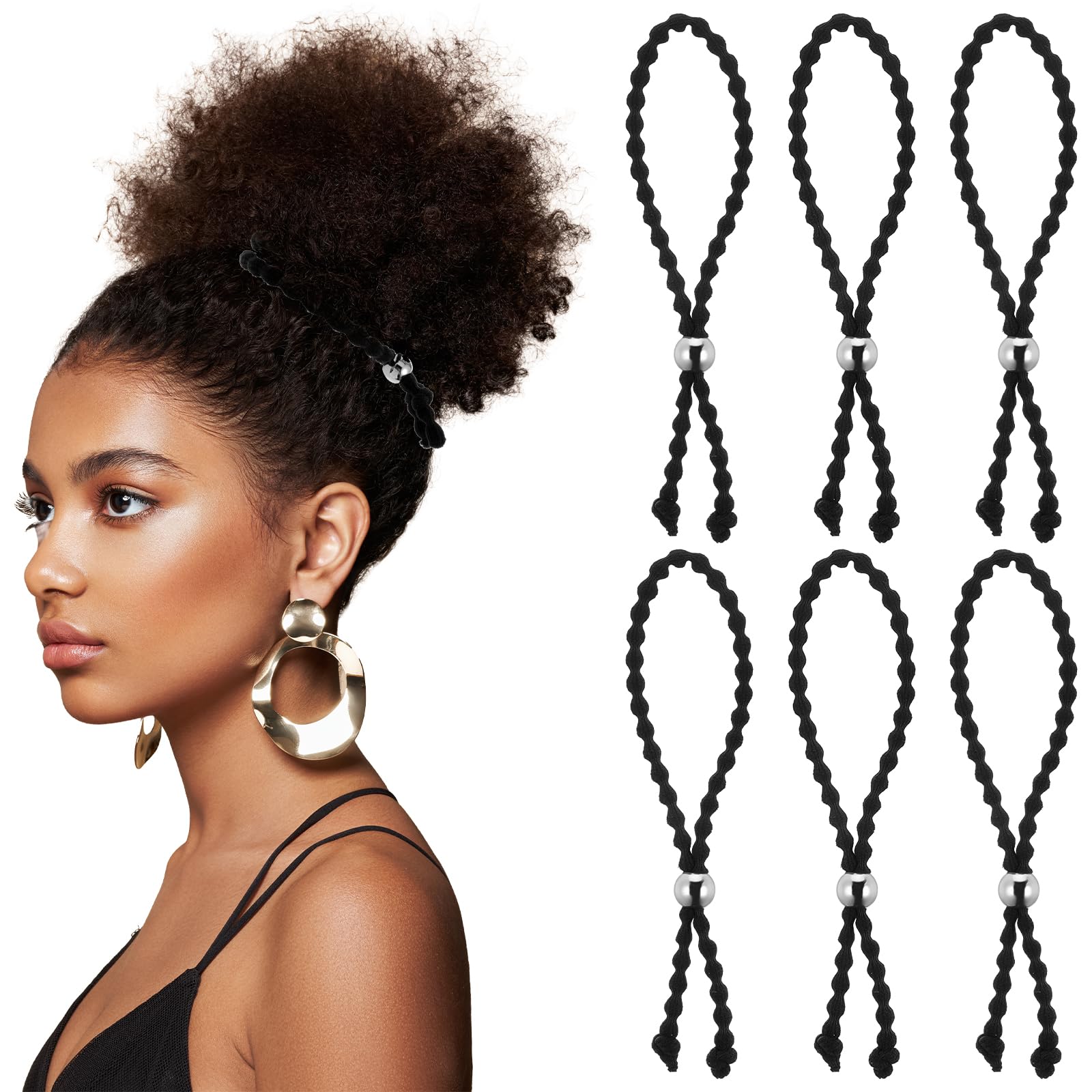 6Pcs No-Slip Hair Ties for Natural Curly Adjustable Afro Puff Cuff Drawstring Ponytail Holder, Black Elastic Scrunchies
