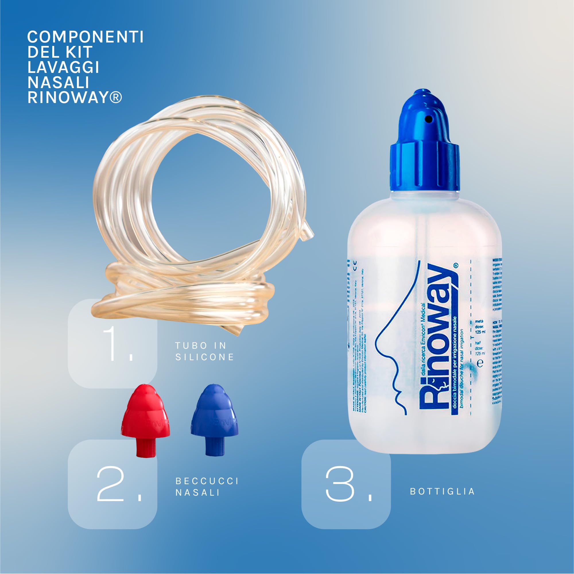 Lavage de nez - Sinus Rinse - Irrigation Nasale- Neti Pot - Douche Nasale Rinoway. Flacon 250 ml, embout de nébulisation et tubulure. pression ou par nébulisation pour les nourrissons et les enfants.
