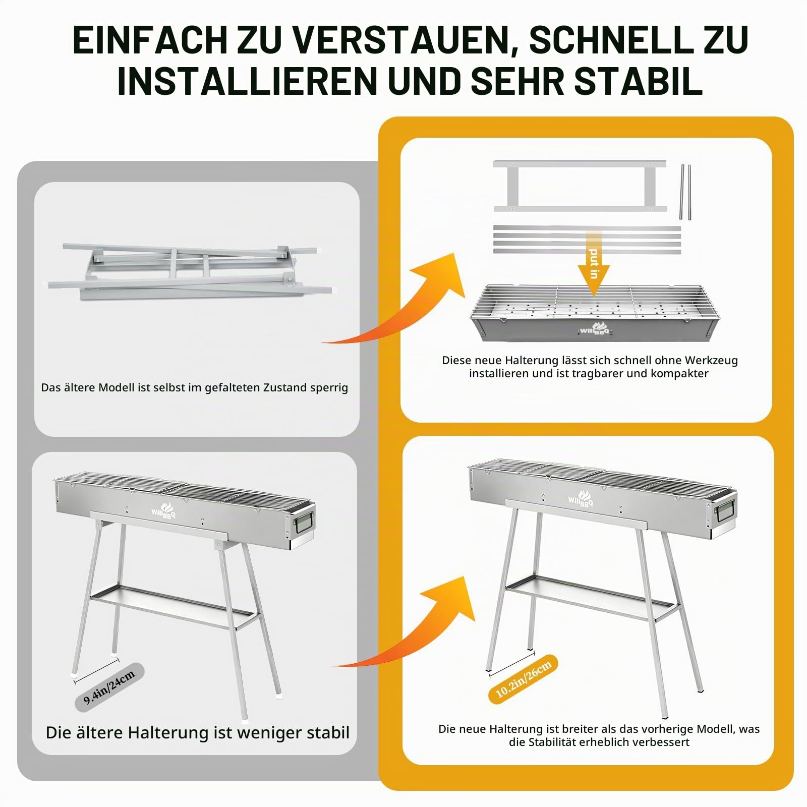 WILLBBQ Holzkohlegrill, tragbarer Outdoor-Grill mit zwei Lüftungsschlitzen