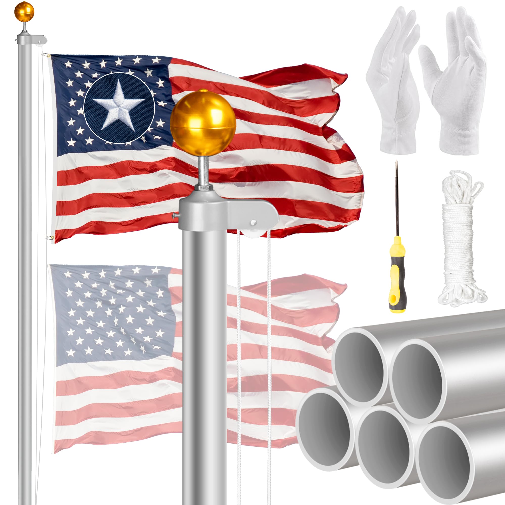 Photo 1 of Flag Pole for Outside in Ground 25FT 13 Gauge Extra Thick Heavy Duty Aluminum Flagpole kit with 3x5 Foot TearProof Embroidered American Flag,for Outdoor Yard,Commercial or Residential-Sliver