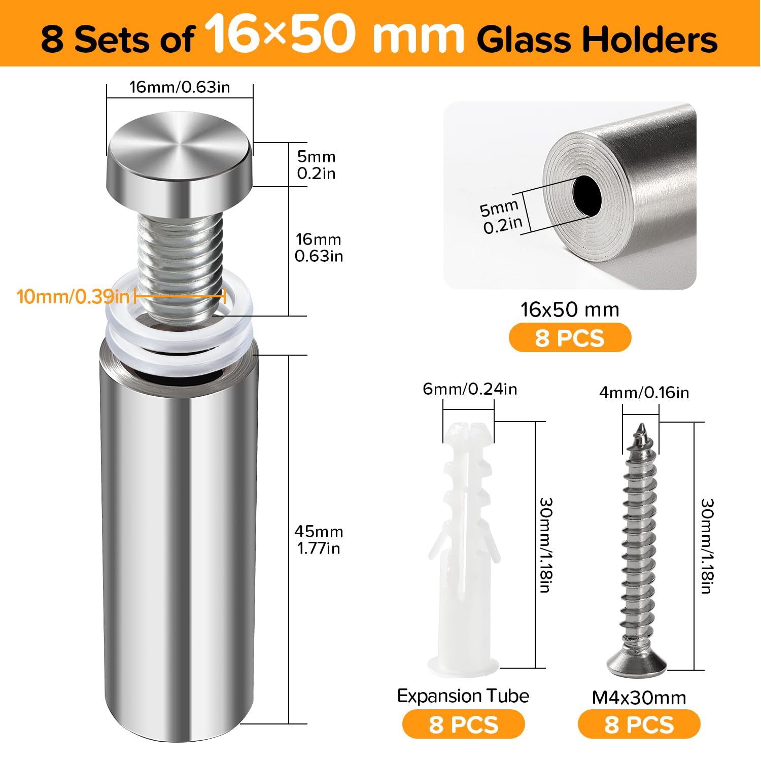 Lyeteung 8 PCS 16×50 mm Standoff Fixings, Stainless Steel Advertising Screw, Sign Standoff Screws - Image 2