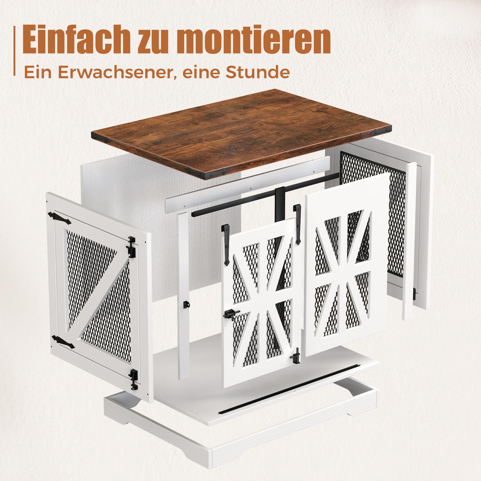 Hundekäfig, 73 cm Hundebox, Dreitüriger Hundekäfig für zu Hause, Schiebetür, Modernes Holz-Hundehäuschen, Geeignet für Kleine Hunde und Welpen, Verstärktes Design, Größe: 73x51x60 cm, Weiß