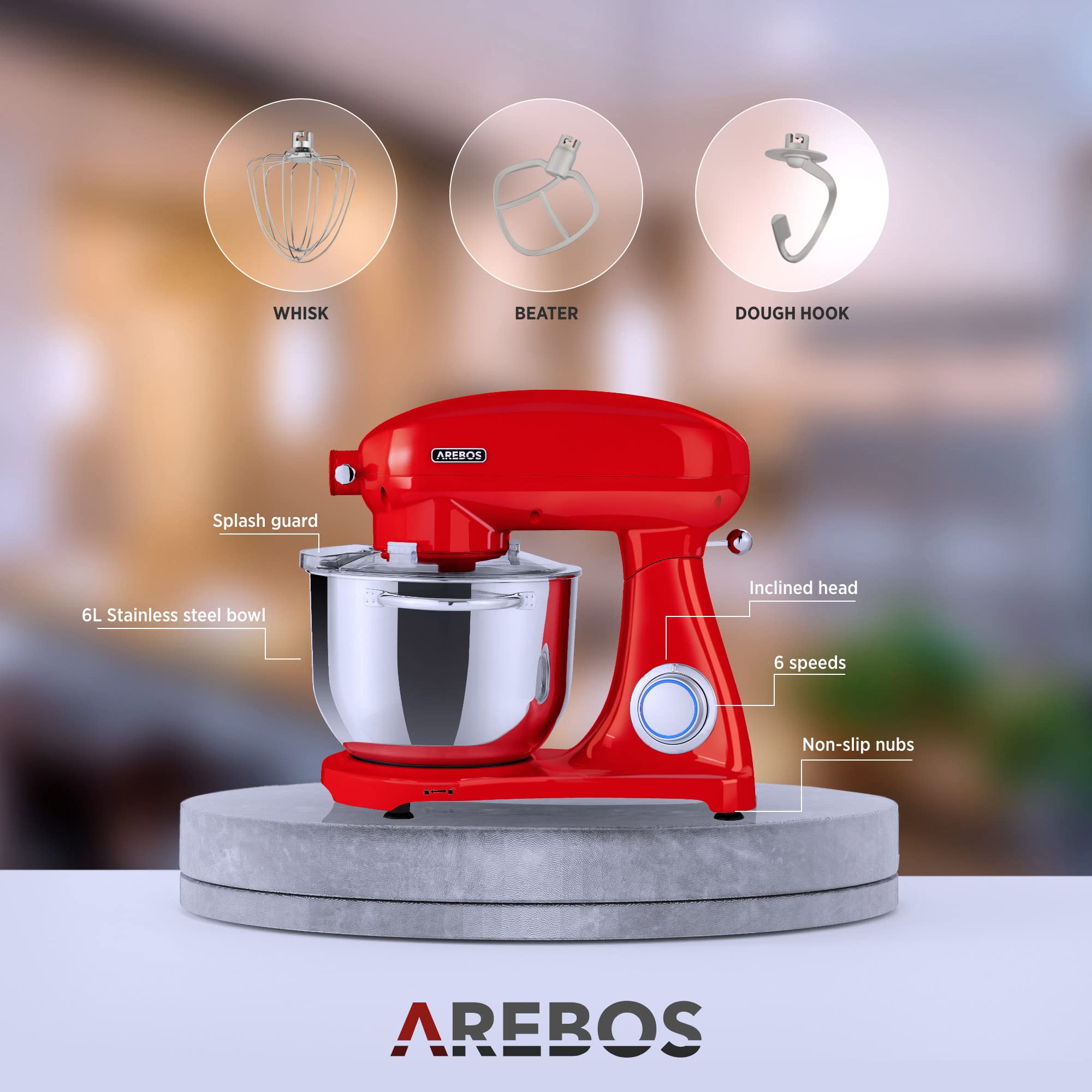 Arebos Profesjonalny robot cukierniczy 1800W Retro | Czerwony |Wielofunkcyjny robot kuchenny z trzepaczką, ubijaczką i haczykiem | Miska ze stali nierdzewnej 6 litrów