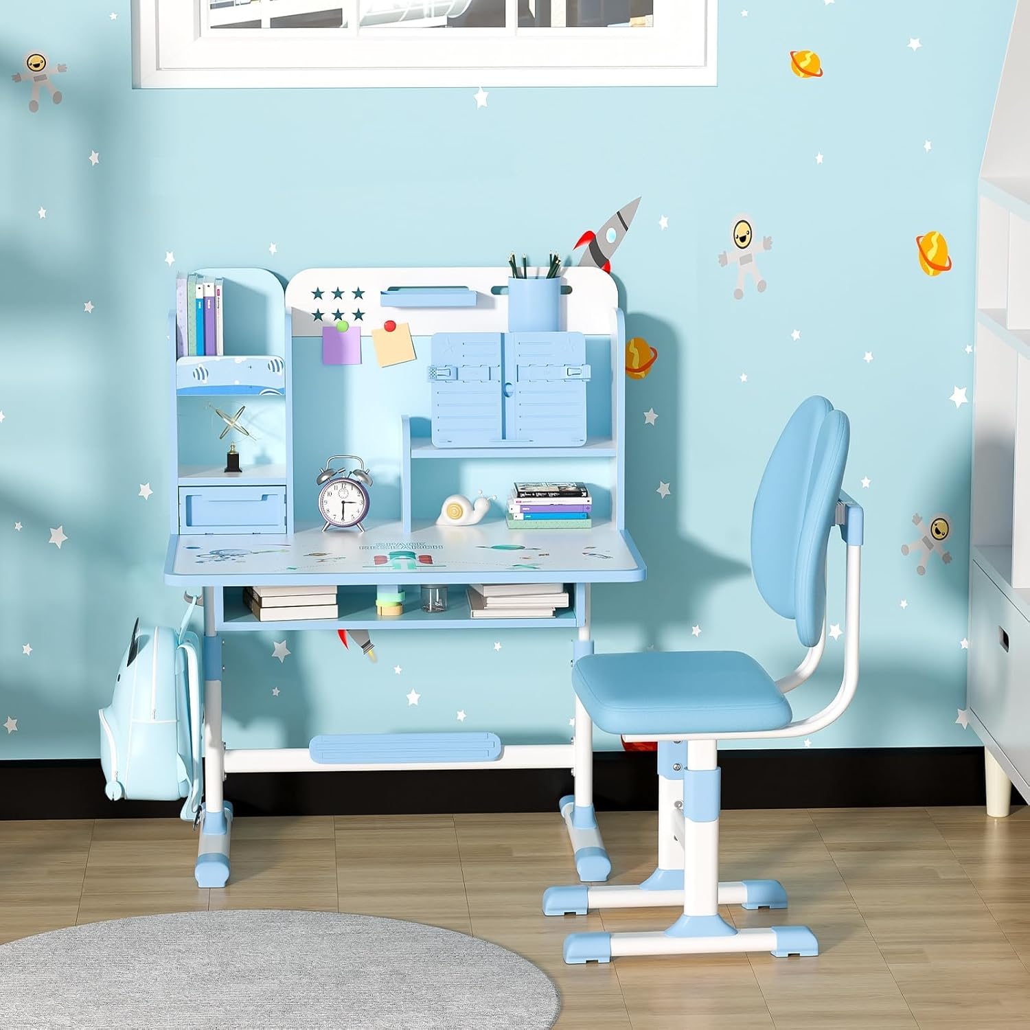 Kids Desk and Chair Set, Height Adjustable Children School Study Table and Chair Set with Sitting Corrector, Book Stand, Foot Pedal, Partition Design, for Kids 3-18 Years Old Blue